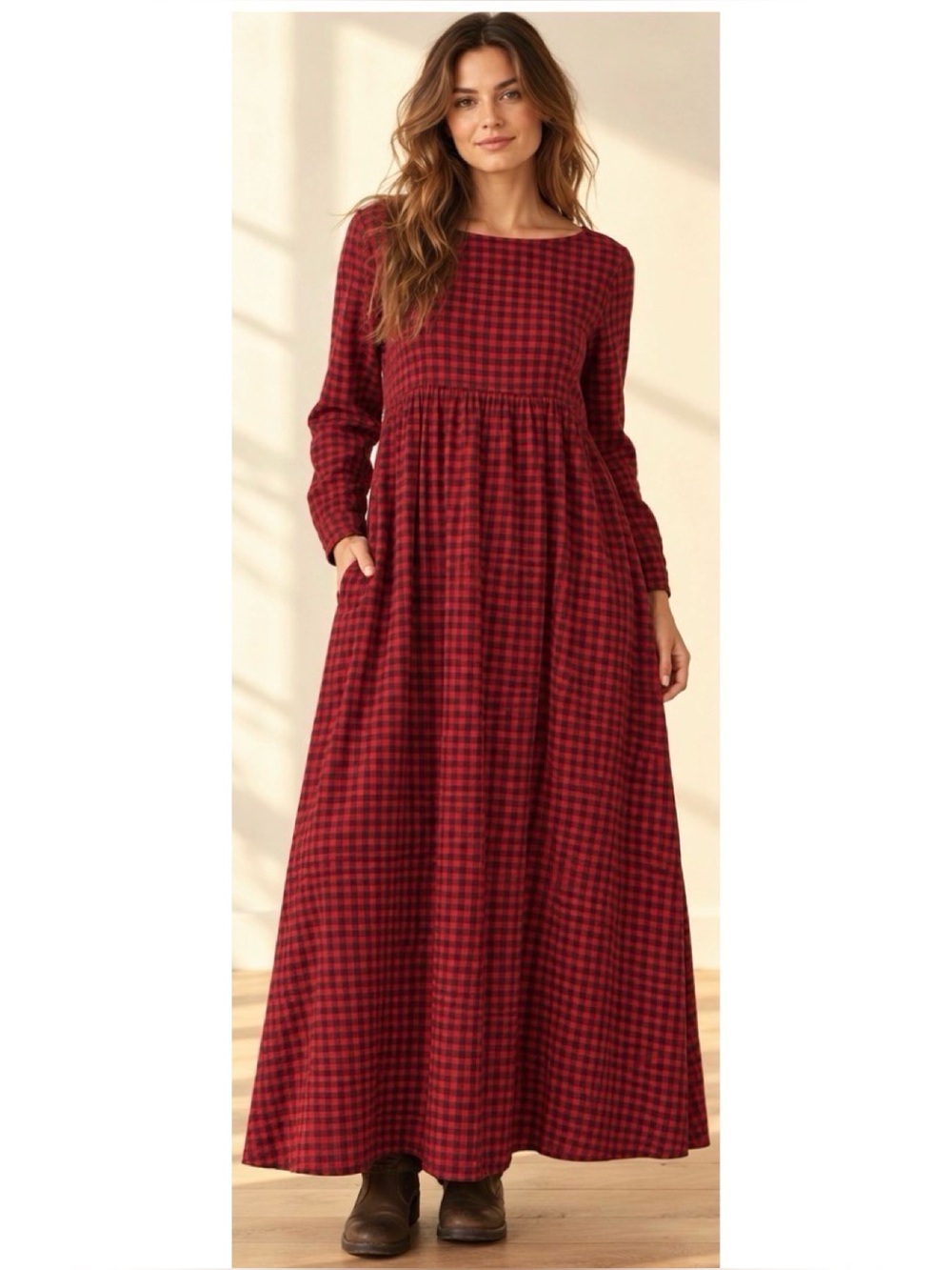 Vtg Eddie Bauer Plaid Flannel Maxi Dress Womens Medium Red Check Nightgown Sz M